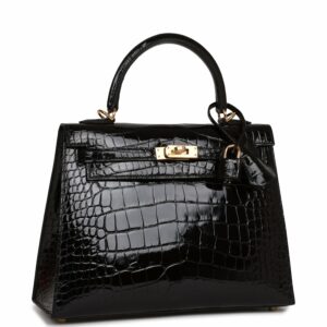 Hermes Kelly 25 Sellier Black Shiny Alligator Gold Hardware