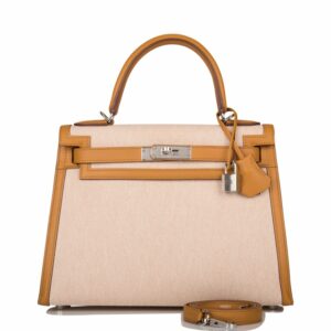 Hermes Kelly 28 Sellier Sesame Toile and Swift Palladium Hardware