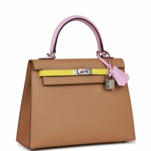 Hermes Kelly 25 Sellier Tri-Color Chai, Lime and Mauve Sylvestre Epsom Palladium Hardware