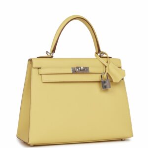 Hermes Kelly 25 Sellier Jaune Poussin Epsom Palladium Hardware
