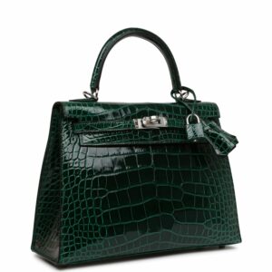 Hermes Kelly 25 Sellier Vert Fonce Shiny Alligator Palladium Hardware
