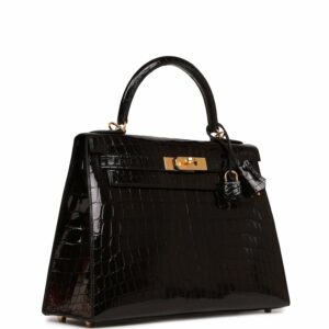 Hermes Kelly 28 Sellier Black Shiny Niloticus Crocodile Gold Hardware