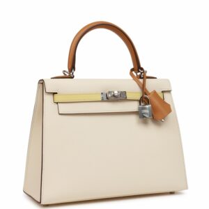 Hermes Kelly 25 Sellier Tri-Color Nata, Jaune Poussin and Sesame Epsom Palladium Hardware