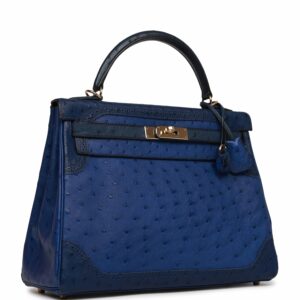 Hermes Ghillies Kelly 32 Retourne Bleu Saphir, Bleu Iris and Bleu de Malte Ostrich Permabrass Hardware