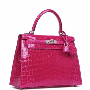 Hermes Kelly 25 Sellier Rose Pourpre Shiny Niloticus Crocodile Palladium Hardware