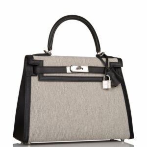 Hermes Kelly 28 Sellier Black Toile and Swift Palladium Hardware