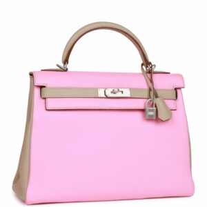 Hermes Special Order Kelly 32 Retourne Bubblegum and Gris Tourterelle Clemence Brushed Palladium Hardware