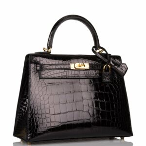 Hermes Kelly 25 Sellier Black Shiny Alligator Gold Hardware