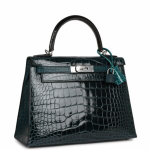 Hermes Kelly 28 Sellier Tri-color Black, Vert Rousseau and Vert Bosphore Shiny and Matte Alligator Palladium Hardware