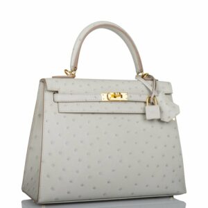 Hermes Kelly 25 Sellier Gris Perle Ostrich Gold Hardware