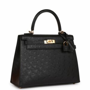 Hermes Kelly 25 Sellier Black Ostrich Gold Hardware