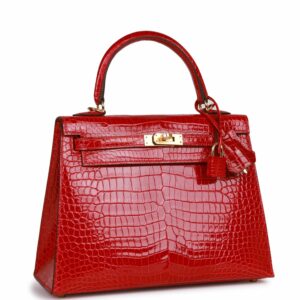 Hermes Kelly 25 Sellier Braise Shiny Porosus Crocodile Gold Hardware