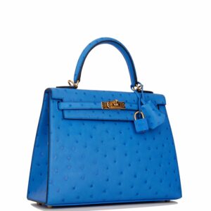 Hermes Kelly 25 Sellier Bleuet Ostrich Gold Hardware