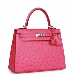 Hermes Kelly 25 Sellier Rose Tyrien Verso Ostrich Palladium Hardware