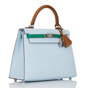Hermes Kelly 25 Sellier Tri-Color Bleu Brume, Vert Jade and Gold Epsom Palladium Hardware