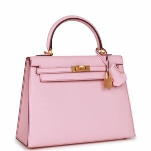 Hermes Kelly 25 Sellier Rose Sakura Chevre Brushed Gold Hardware
