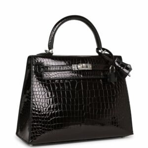 Hermes Kelly 25 Sellier Black Shiny Porosus Crocodile Palladium Hardware