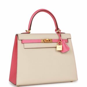 Hermes Kelly 25 Sellier Craie and Rose Lipstick Epsom Brushed Gold Hardware