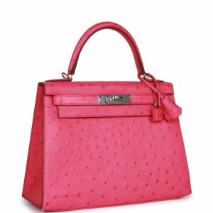 Hermes Kelly 28  Sellier Rose Tyrien Ostrich Palladium Hardware