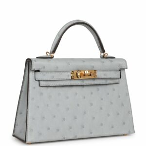 Hermes Kelly 20 Sellier Bleu Glacier Ostrich Gold Hardware