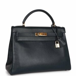 Hermes Kelly 32 Retourne Bleu Marine Courchevel Gold Hardware