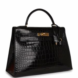 Hermes Kelly 32 Sellier Black Shiny Niloticus Crocodile Gold Hardware