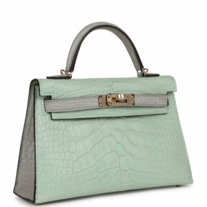 Hermes Special Order (HSS) Kelly 20 Sellier Vert D'Eau and Gris Perle Matte Alligator Permabrass Hardware