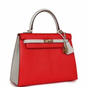 Hermes Kelly 25 Sellier Rouge De Coeur and Gris Perle Chevre Mysore Permabrass Hardware