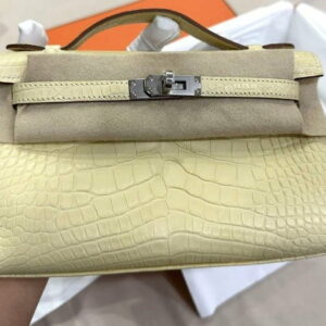 Hermes Kelly Pochette Vanille Matte Alligator Palladium Hardware