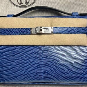 Hermes Kelly Pochette Bleu Saphir Lizard Palladium Hardware