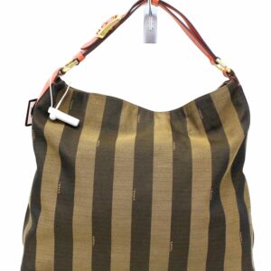FENDI Tobacco and Red Leather Pequin Stripe Canvas Hobo Bag