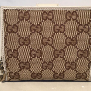 Gucci GG Monogram and Beige Leather Wallet with Zip Pocket and Box