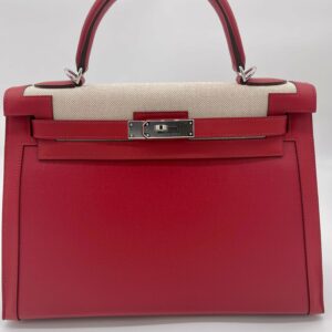Hermes Kelly 32 Sellier Rouge Piment Swift and Toile Berline Palladium Hardware