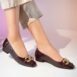 Women's leather block heel pumps in burgundy colour with croc texture and gold horseshoe buckle with leather fringe by JULKE
