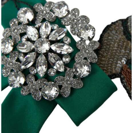 Dolce & Gabbana Green Silk Bow Tie with Crystal and Bird Embellishment