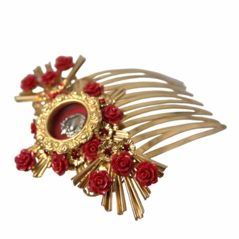 Dolce & Gabbana Gold Hair Comb with Red Roses