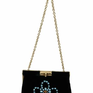Dolce & Gabbana Velvet Evening Party Crossbody with Crystal Studs and Gold Chain Strap ONE SIZE Black