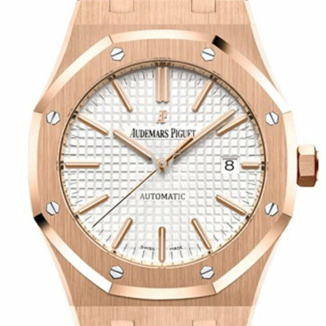 Audemars Piguet Royal Oak 41Mm Silver-Toned Dial Pink Gold Brown Alligator Strap Watche