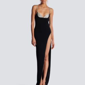 Long Embroidered Knit Dress with Leg Slit