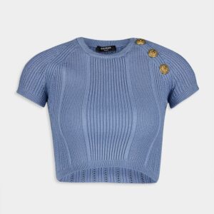 BalmainBlue Buttoned Knit Top at Fashion Clinic