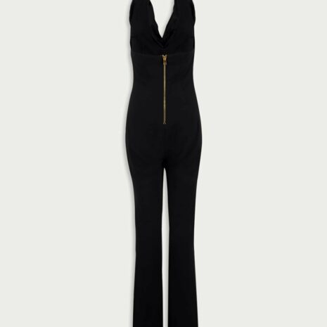 BalmainCowl Neck Crepe Flare Jumpsuit at Fashion Clinic
