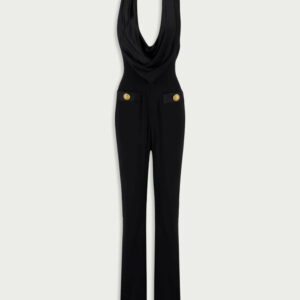 BalmainCowl Neck Crepe Flare Jumpsuit at Fashion Clinic