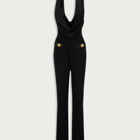 BalmainCowl Neck Crepe Flare Jumpsuit at Fashion Clinic