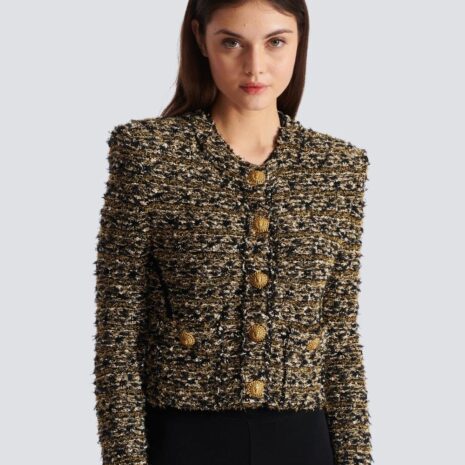 BalmainCropped Lurex Tweed Round Neck Jacket at Fashion Clinic