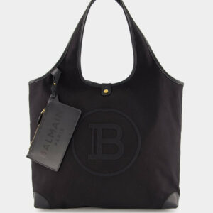 BalmainEmbroidered Logo Canvas and leather Grocery Bag at Fashion Clinic