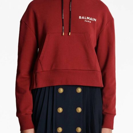 BalmainFlocked-Logo Cropped Hoodie at Fashion Clinic