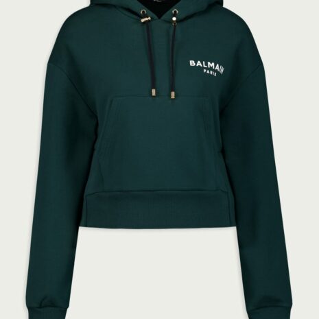 BalmainFlocked-Logo Cropped Hoodie at Fashion Clinic