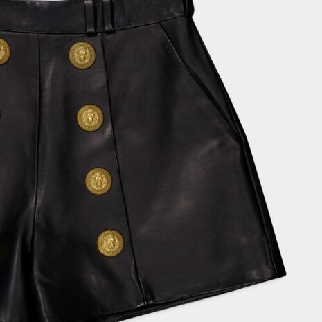 BalmainHigh-Waist Button-Embellished Leather Shorts at Fashion Clinic
