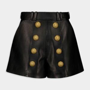 BalmainHigh-Waist Button-Embellished Leather Shorts at Fashion Clinic