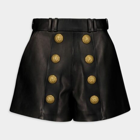 BalmainHigh-Waist Button-Embellished Leather Shorts at Fashion Clinic